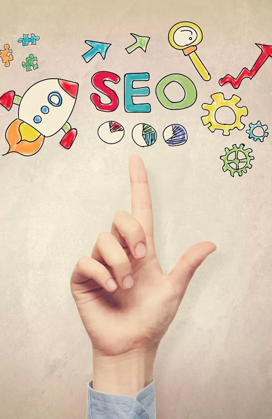 Perfectly Optimized - Off-site SEO is esstential to the SEO process - hand pointing to SEO words.